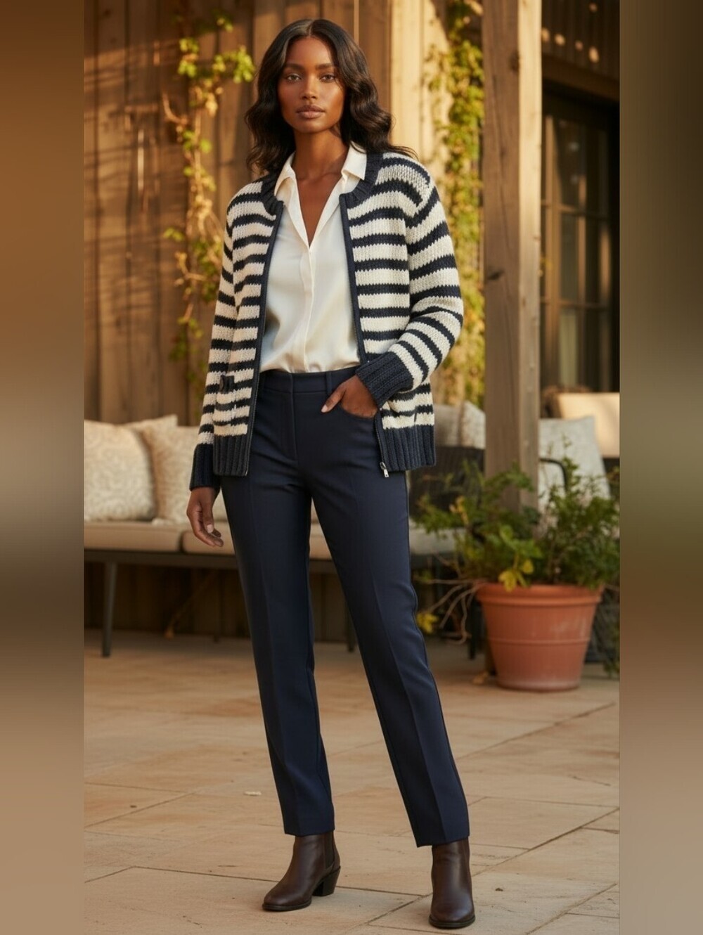 LOFT Navy White Stripe Zip-Up Cotton Knit Cardigan Pockets Chunky Coastal Size S